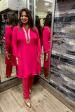 Chic Hot Pink Outfit with Leather Detailing