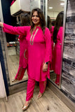 Chic Hot Pink Outfit with Leather Detailing