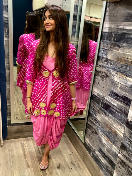Pink Dhoti Dress with Bandhani Jacket Set  Mehr By Pretty