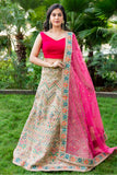 Beige and Hot Pink Threadwork Lehenga