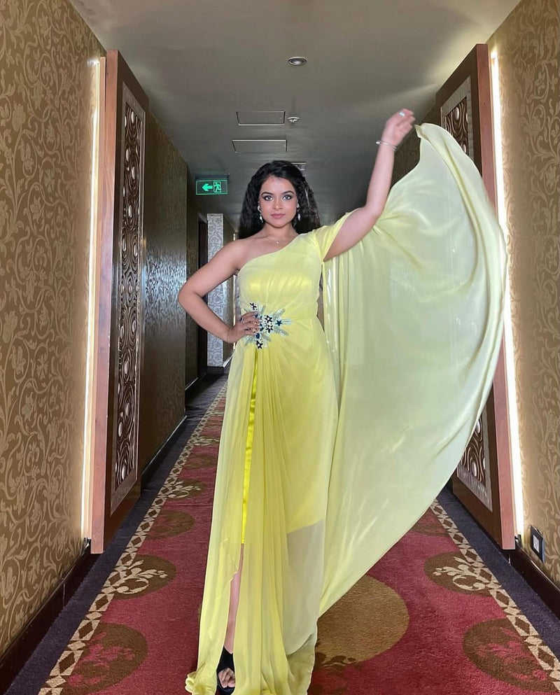 Georgette Lemon Yellow One Shoulder Dress