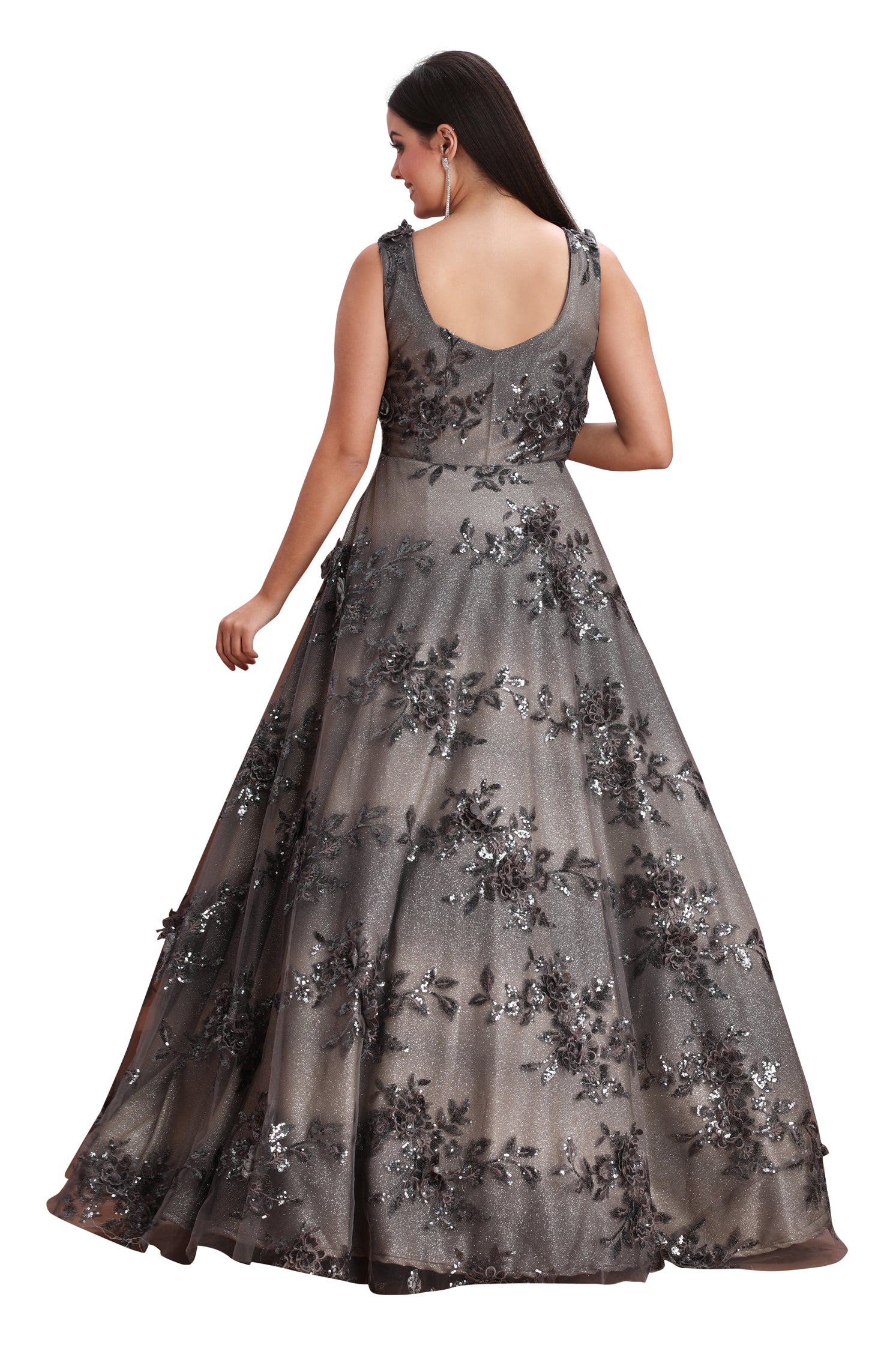 Elegant Black Flower Work Gown