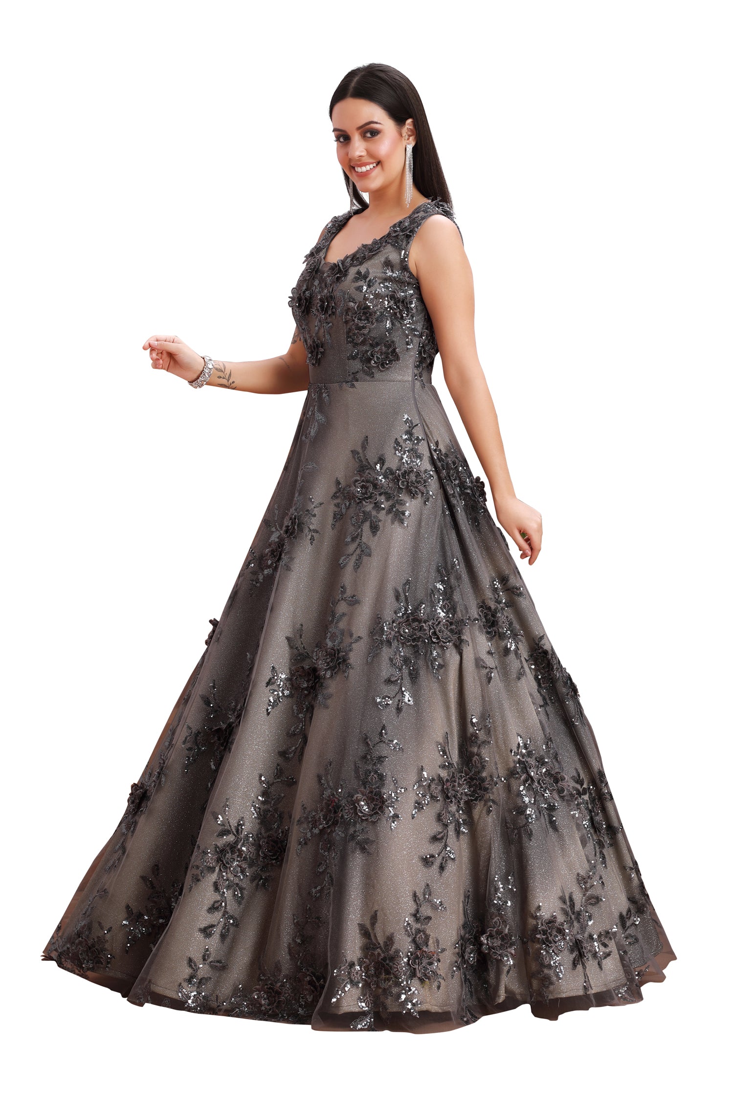 Elegant Black Flower Work Gown