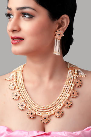 Pearl String Necklace with Golden Flowers and Earrings