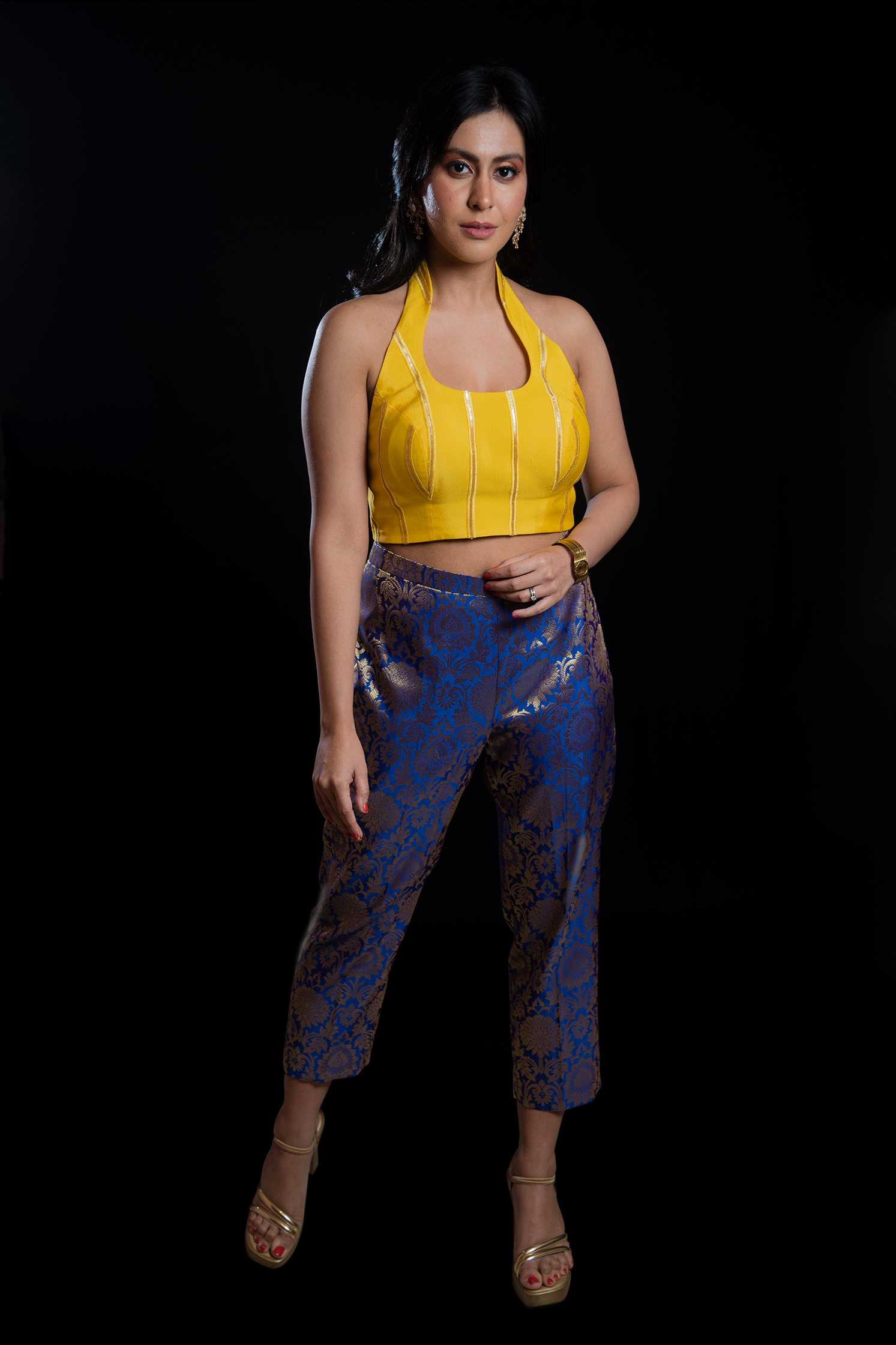 Yellow Georgette Crop Top with Blue Brocade Pants Mehr By Pretty