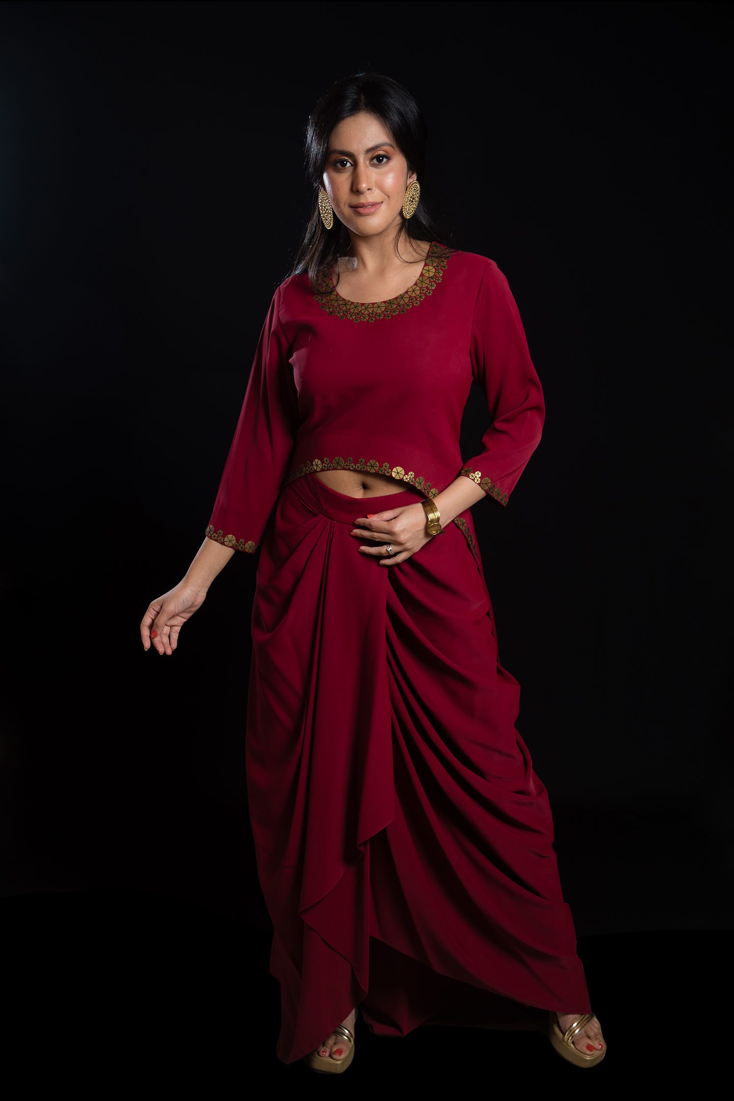 Maroon Dhoti with Cape Top