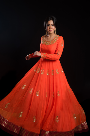 Orange Princess Cut Embroidered Anarkali