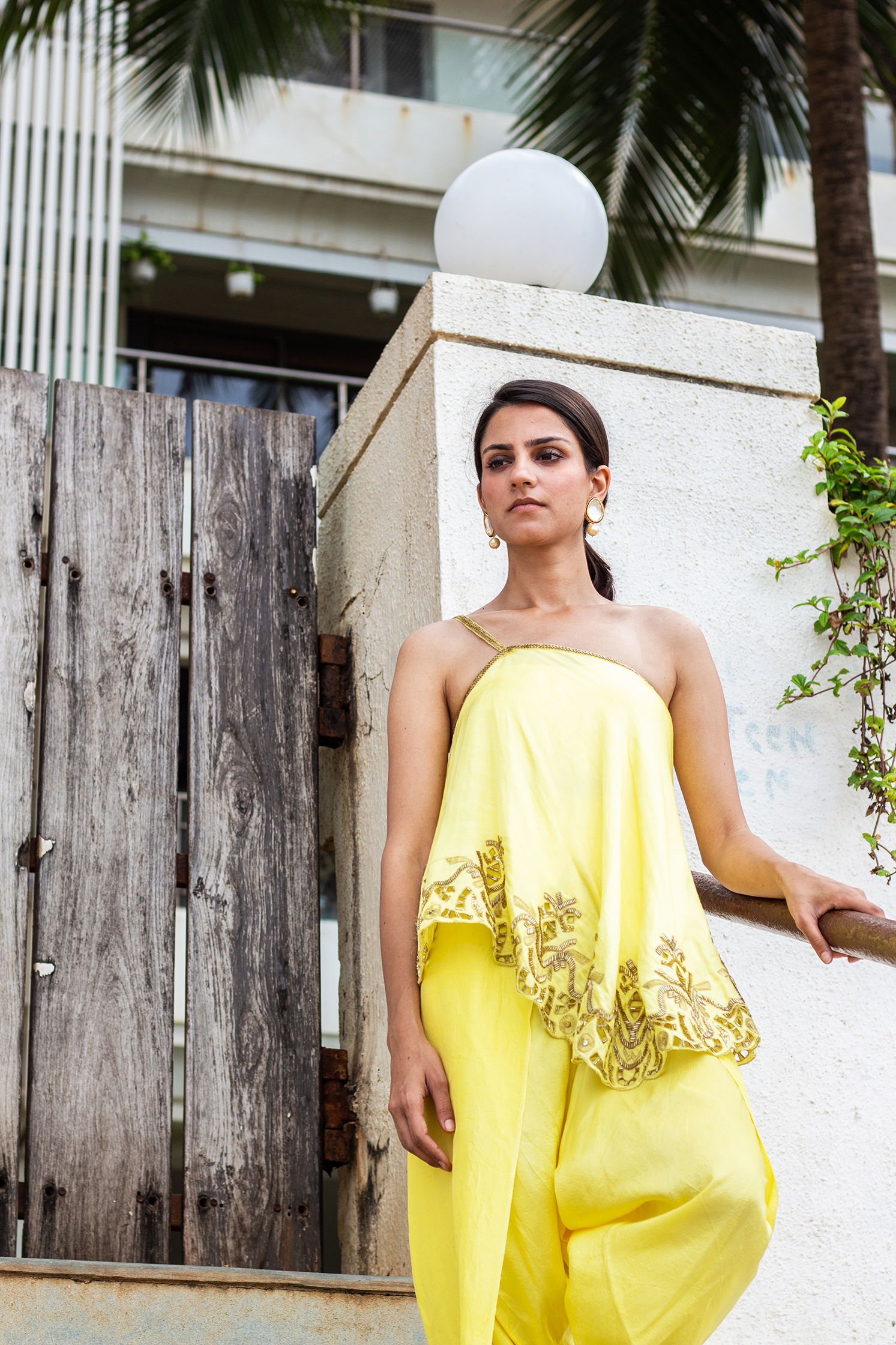 Traditional Yellow Dhoti With Asymmetrical Top