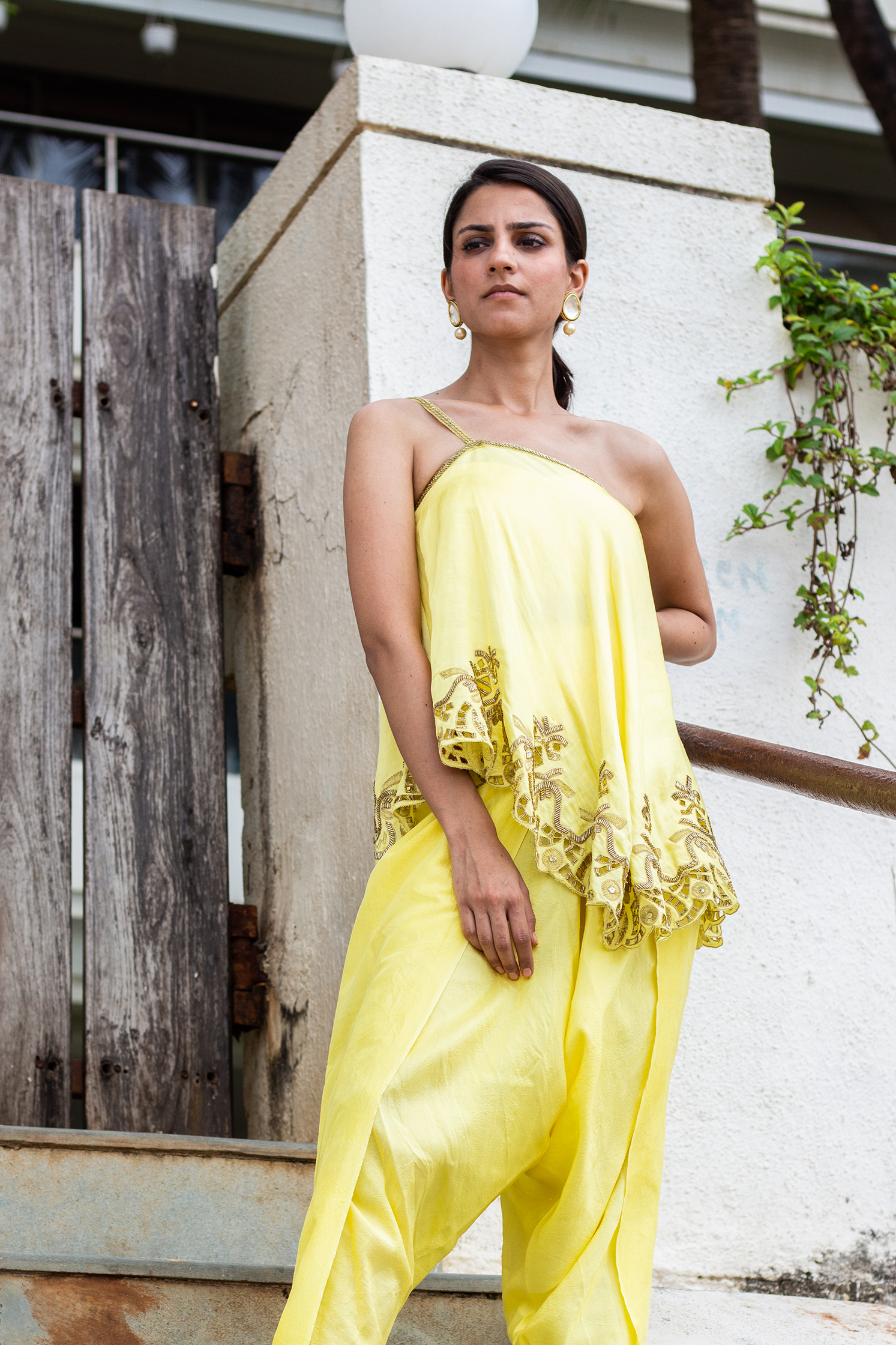 Traditional Yellow Dhoti With Asymmetrical Top