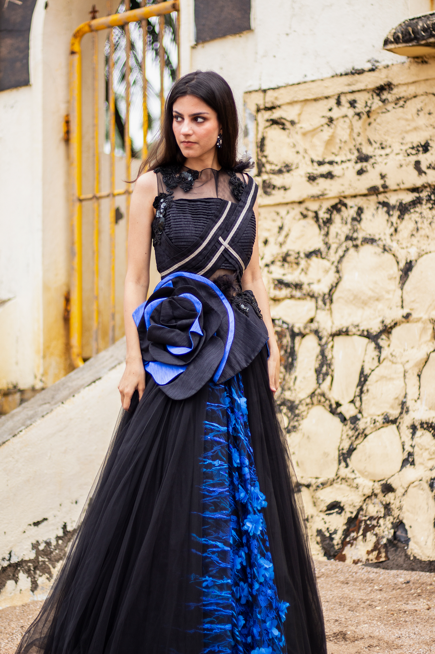 Black Gown With Applique Flowers