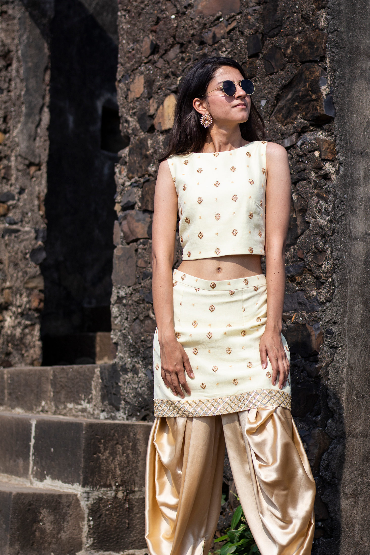 White Embroidered Blouse With Dhoti Skirt & Yellow Cape
