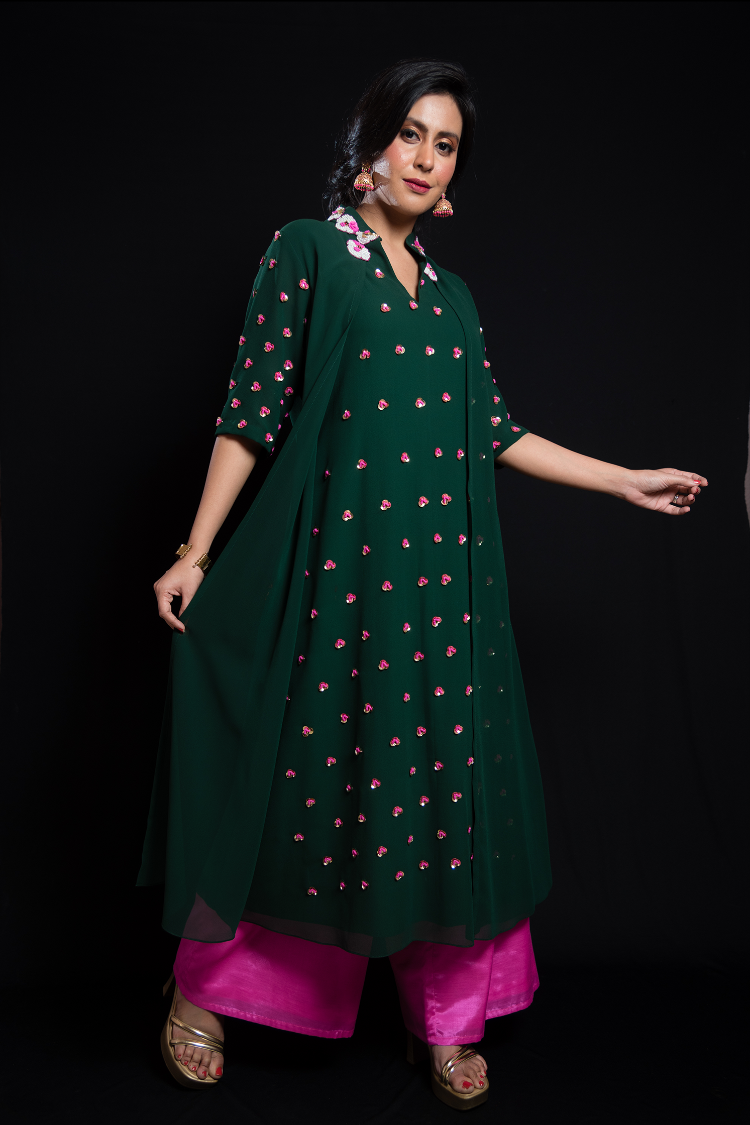 Pleated Floral Green Kurta with Hot Pink Palazzo
