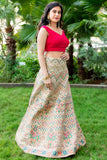 Beige and Hot Pink Threadwork Lehenga