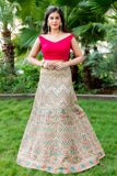 Beige and Hot Pink Threadwork Lehenga