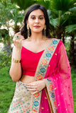 Beige and Hot Pink Threadwork Lehenga