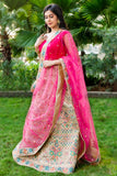 Beige and Hot Pink Threadwork Lehenga