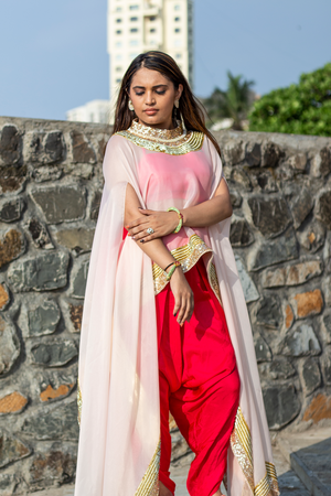 Pink Crape Dhoti Set With Cape