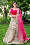 Beige and Hot Pink Threadwork Lehenga