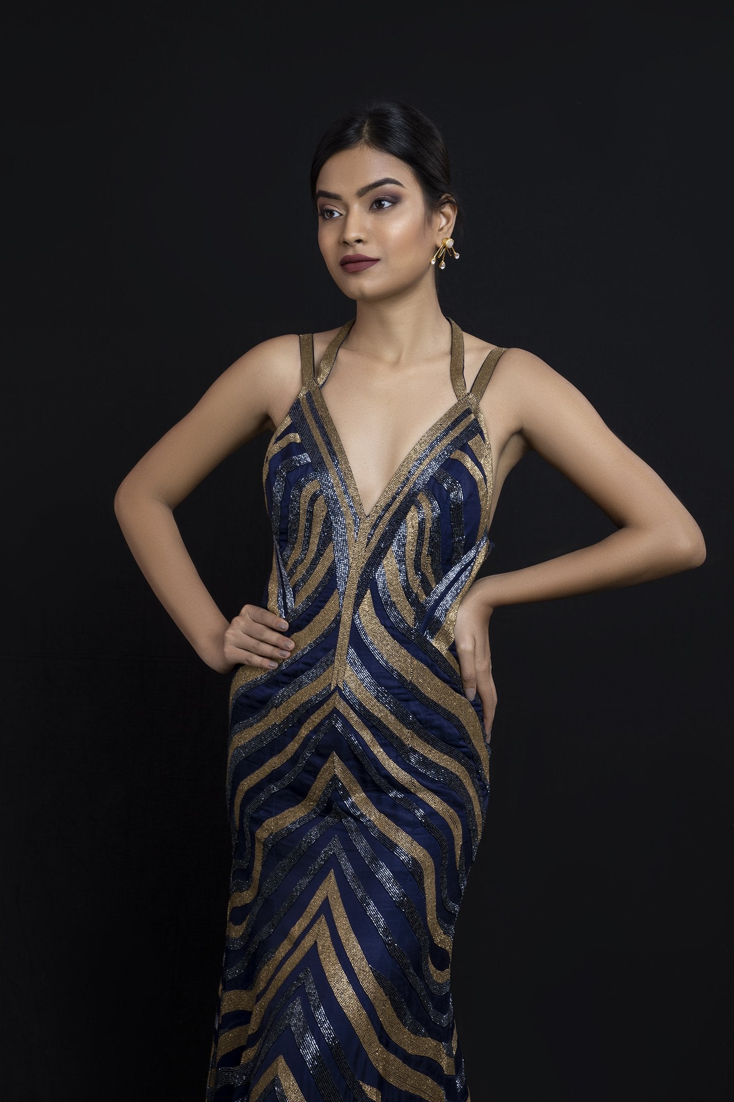 Gold and Midnight Blue Sequence Gown Mehr By Pretty Gold and Midnight Blue Sequence Gown Mehr By Pretty