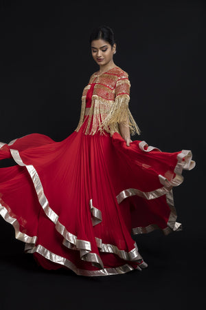 Red Lehenga With Cut Dana Work