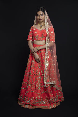 Tan Embroidery on Orange Lehenga