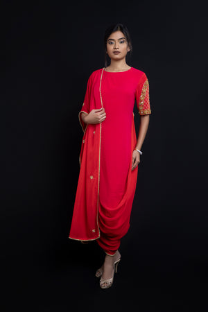 Red Cowling Top with Draped Dupatta