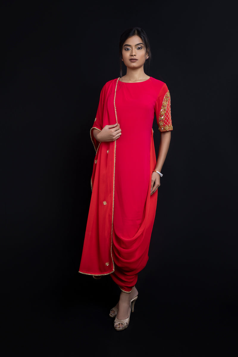 Red Cowling Top with Draped Dupatta
