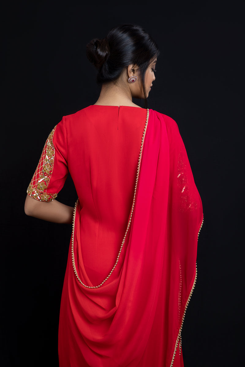 Red Cowling Top with Draped Dupatta