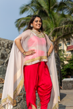 Pink Crape Dhoti Set With Cape