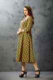 Printed Mustard and Bottle Green Summer Dress