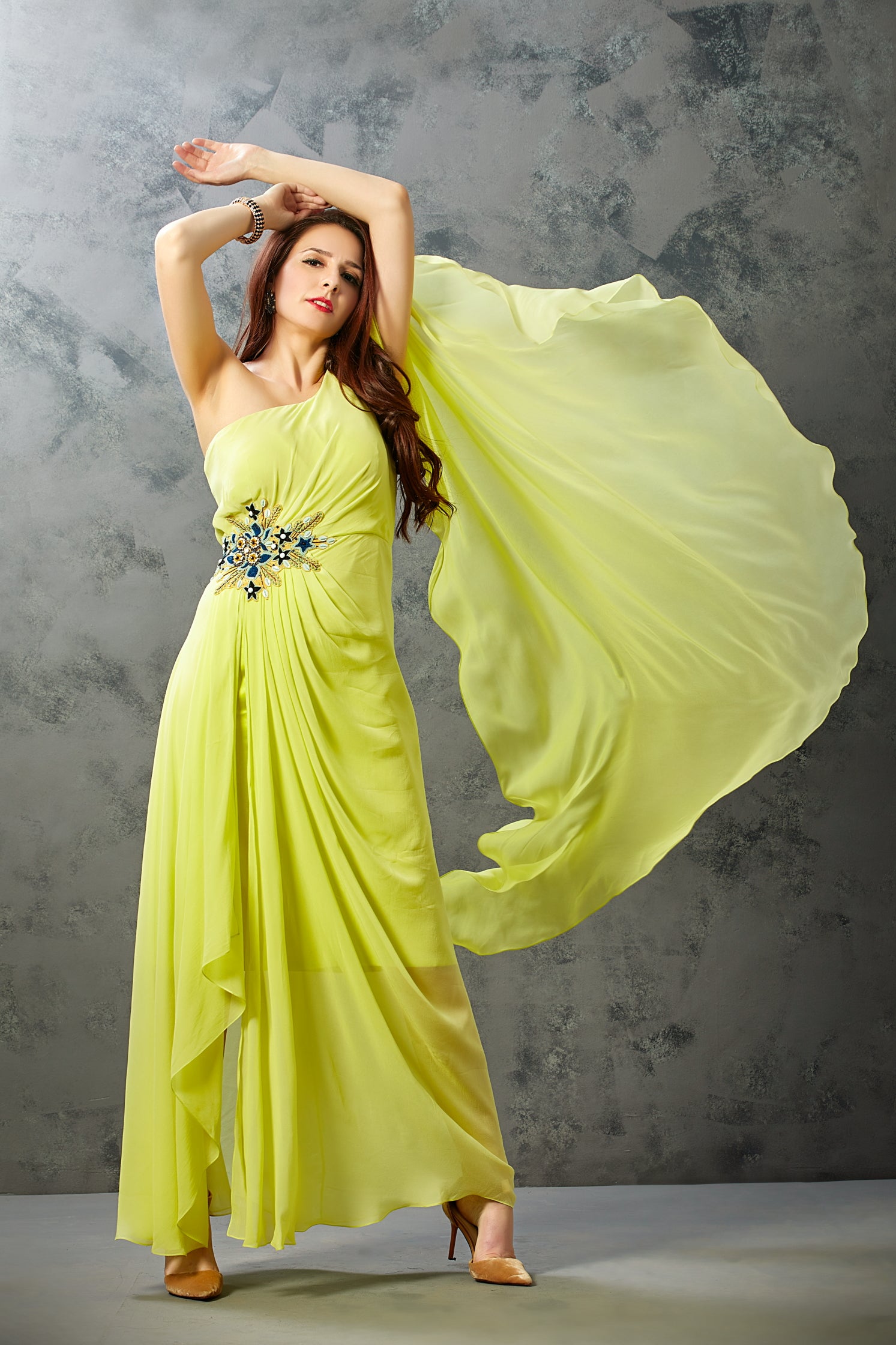 Georgette Lemon Yellow One Shoulder Dress Georgette Lemon Yellow One Shoulder Dress