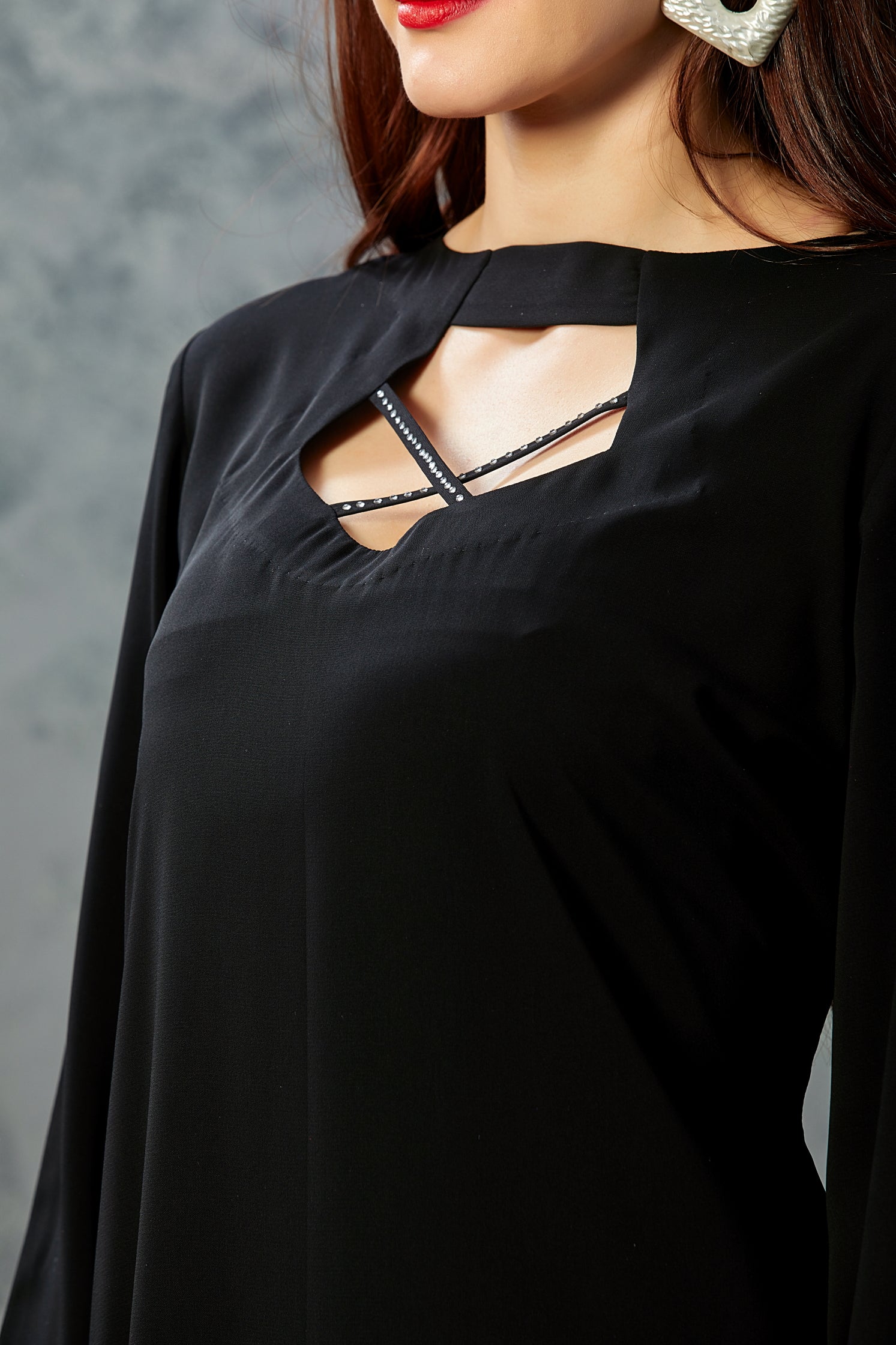 black dress neck designs Fitted High-Neck with Belt Design Midi Dress Black / S