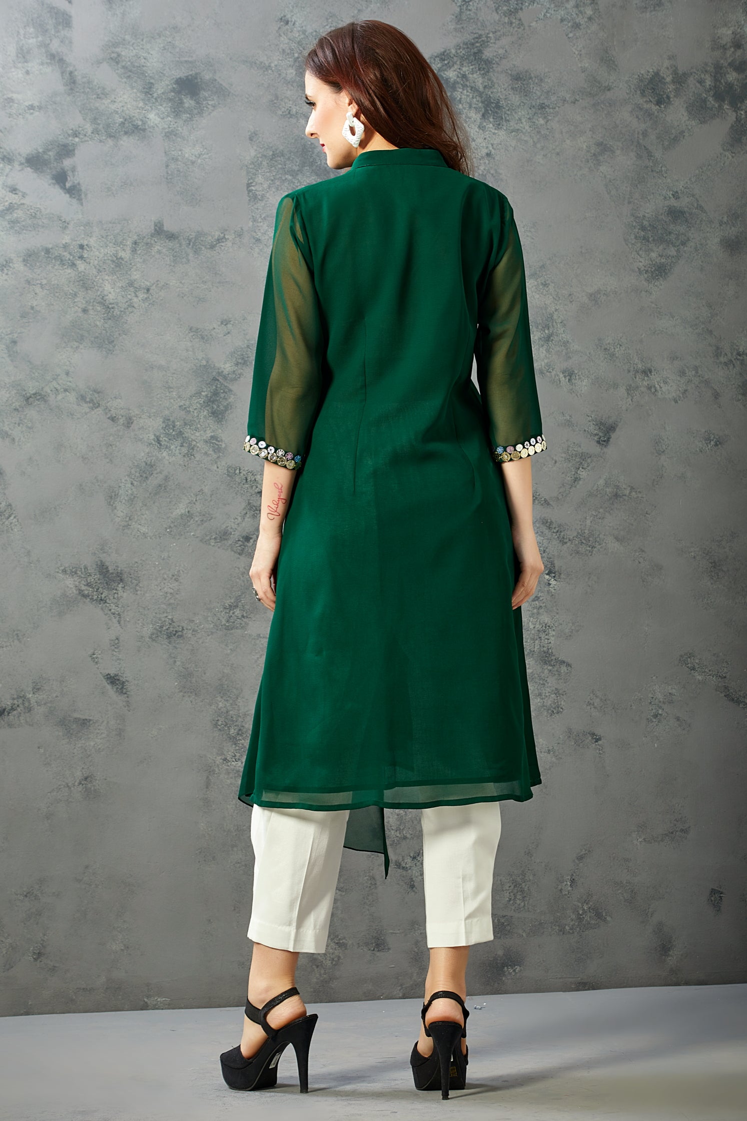 Green Cowled Kurta with Pleated Trousers