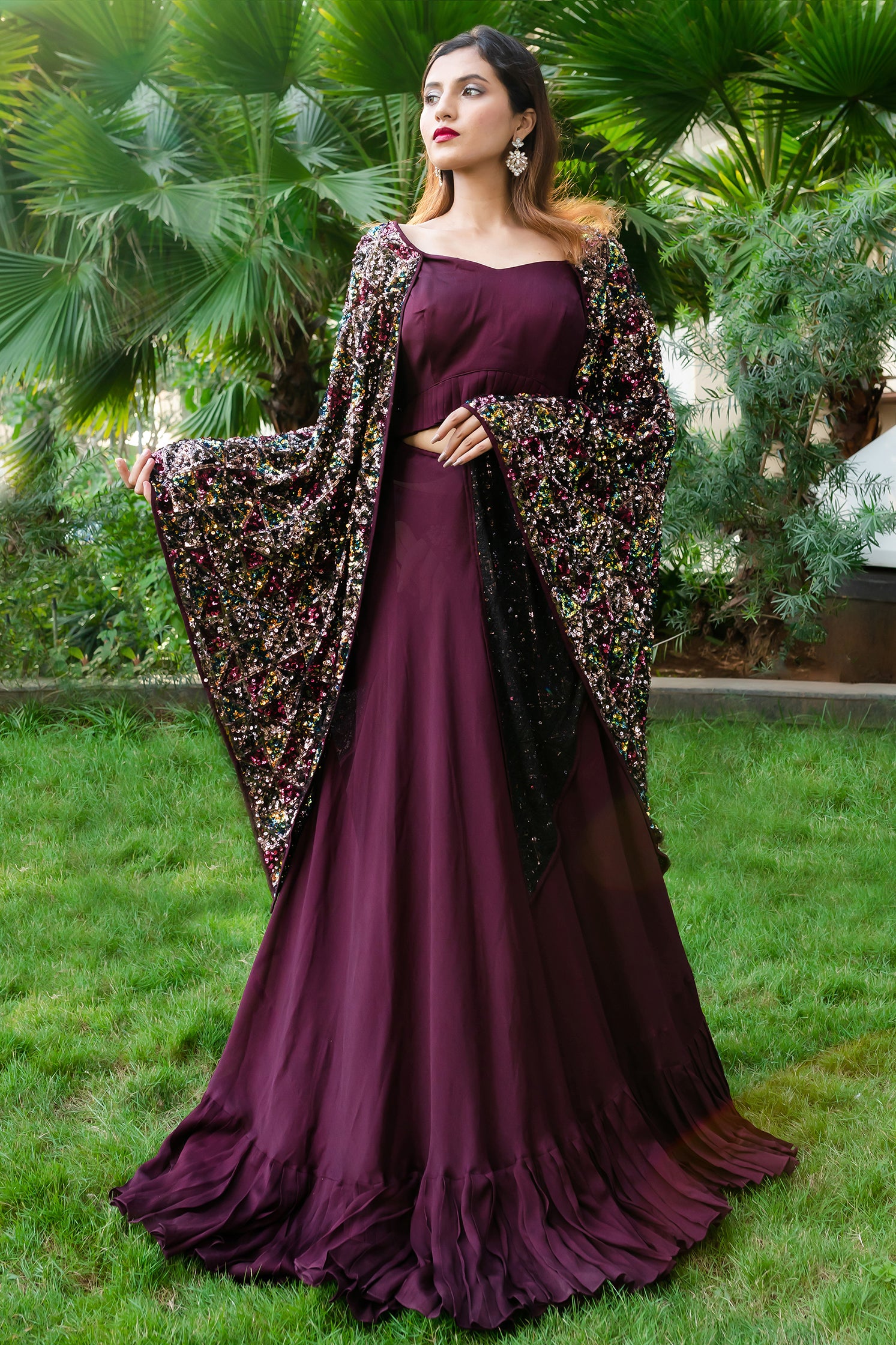 Mauve Embroidered Gown with Cape Design by Megha & Jigar at Pernia's Pop Up  Shop 2024