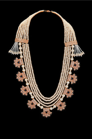 Pearl String Necklace with Golden Flowers and Earrings