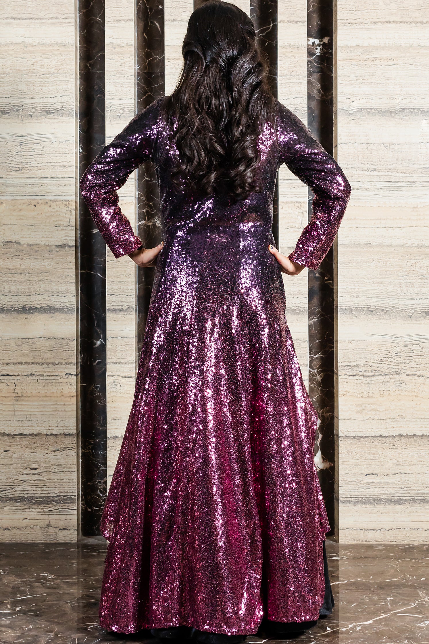 Black Velvet Skirt with Burgundy Sequins Top - Main Image