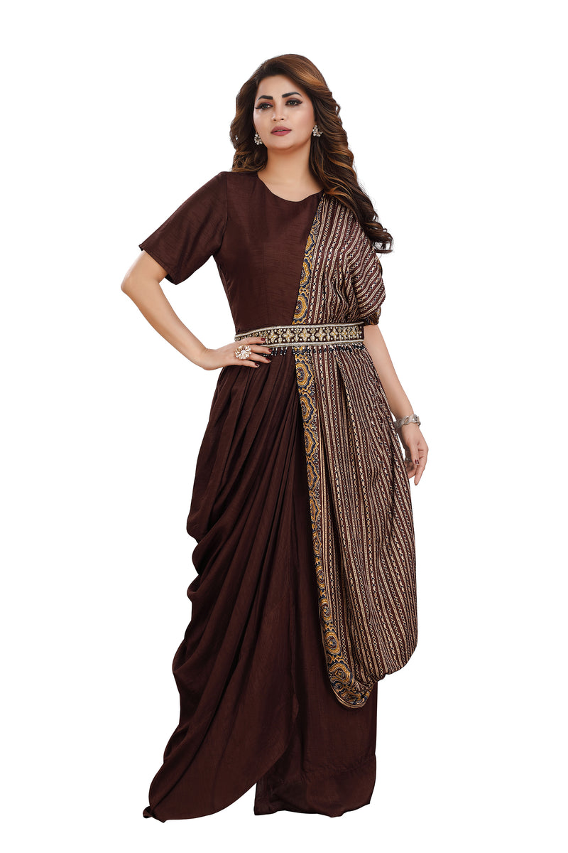 Printed Cape with Brown Cowling Dress